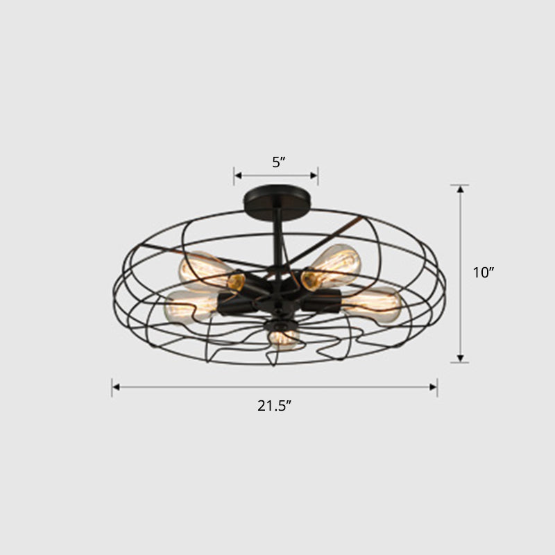 Iron Wire Round Suspension Lamp Industrial 5-Head Bedroom Chandelier Light in Black Clearhalo 'Cast Iron' 'Ceiling Lights' 'Chandeliers' 'Industrial Chandeliers' 'Industrial' 'Metal' 'Middle Century Chandeliers' 'Rustic Chandeliers' 'Tiffany' Lighting' 2415747