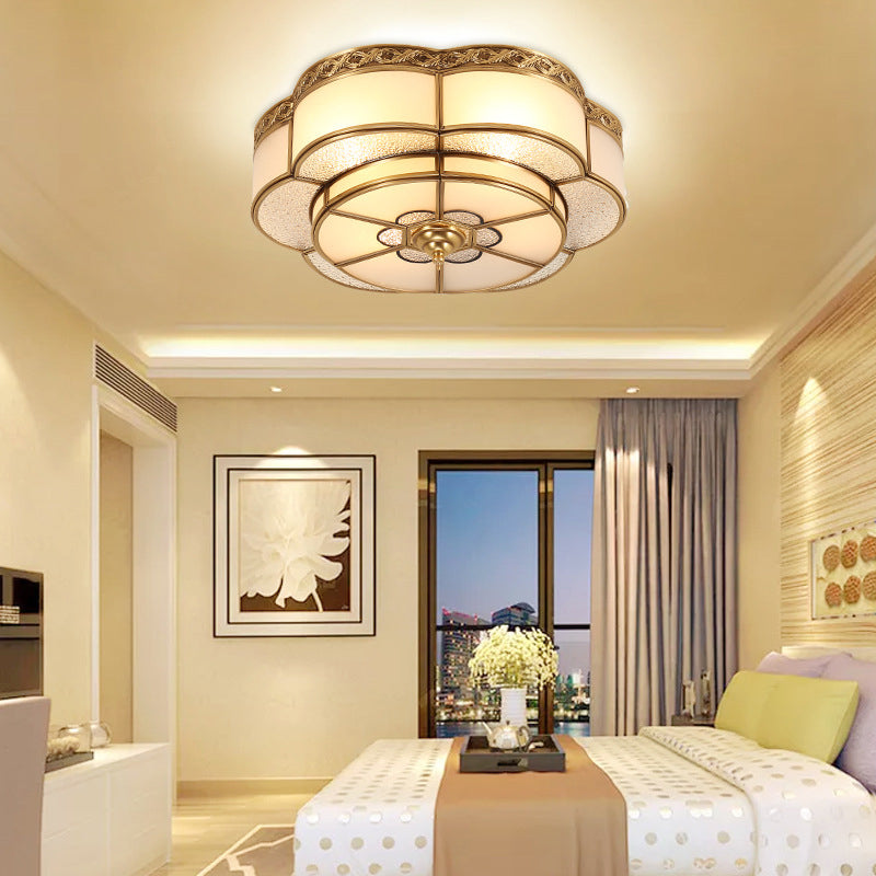 Brass Floral Ceiling Mounted Light Vintage Opal Glass Bedroom Flush Mount Fixture Clearhalo 'Ceiling Lights' 'Close To Ceiling Lights' 'Close to ceiling' 'Flush mount' Lighting' 2415791