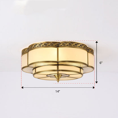 Brass Floral Ceiling Mounted Light Vintage Opal Glass Bedroom Flush Mount Fixture 3 Brass Clearhalo 'Ceiling Lights' 'Close To Ceiling Lights' 'Close to ceiling' 'Flush mount' Lighting' 2415795