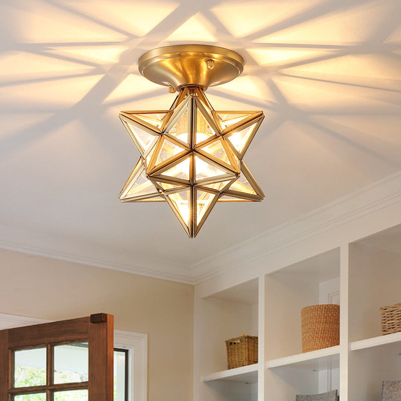 Colonial Style Geometric Ceiling Lamp 1 Bulb Transparent Glass Semi Flush Light in Brass Brass Star Clearhalo 'Ceiling Lights' 'Close To Ceiling Lights' 'Close to ceiling' 'Semi-flushmount' Lighting' 2415814