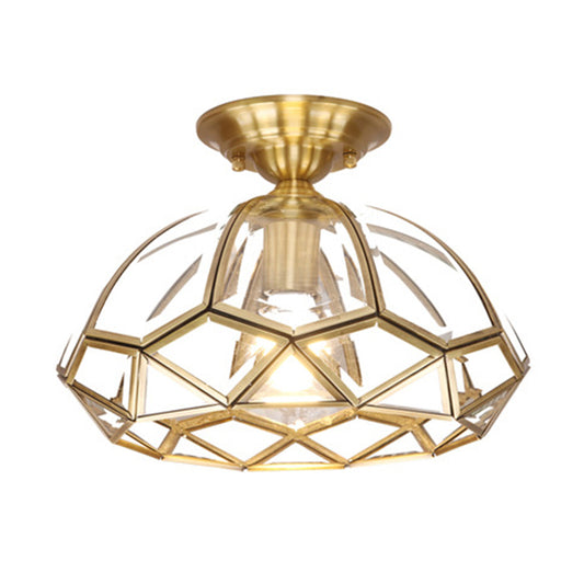 Colonial Style Geometric Ceiling Lamp 1 Bulb Transparent Glass Semi Flush Light in Brass Clearhalo 'Ceiling Lights' 'Close To Ceiling Lights' 'Close to ceiling' 'Semi-flushmount' Lighting' 2415815