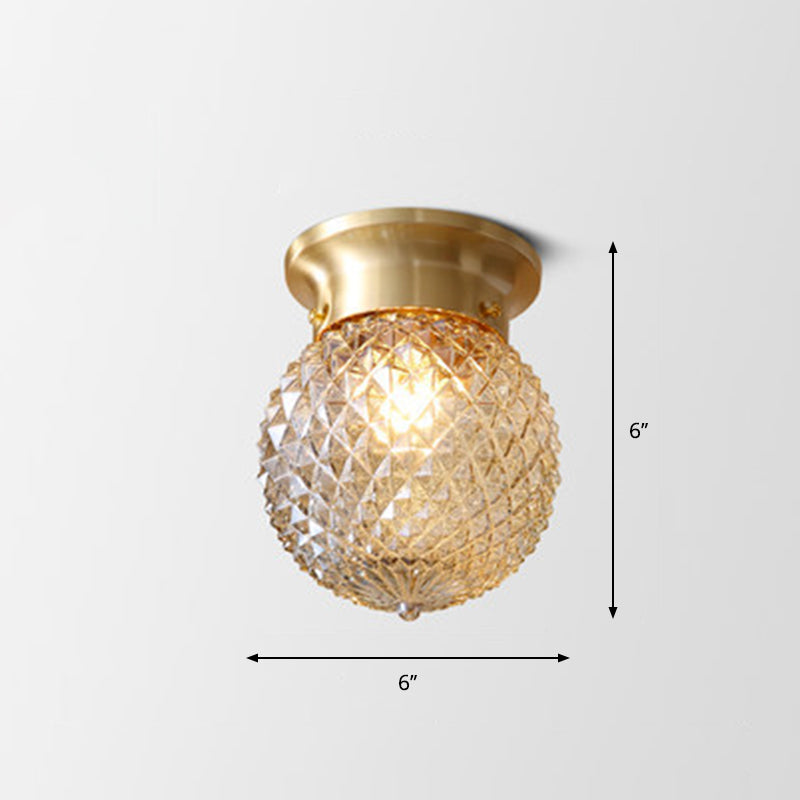 Colonial Style Geometric Ceiling Lamp 1 Bulb Transparent Glass Semi Flush Light in Brass Clearhalo 'Ceiling Lights' 'Close To Ceiling Lights' 'Close to ceiling' 'Semi-flushmount' Lighting' 2415817