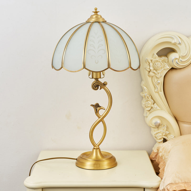 Single Umbrella Shaped Table Light Traditional Brass Cream Glass Nightstand Lamp Clearhalo 'Lamps' 'Table Lamps' Lighting' 2415833