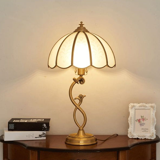 Single Umbrella Shaped Table Light Traditional Brass Cream Glass Nightstand Lamp Clearhalo 'Lamps' 'Table Lamps' Lighting' 2415835