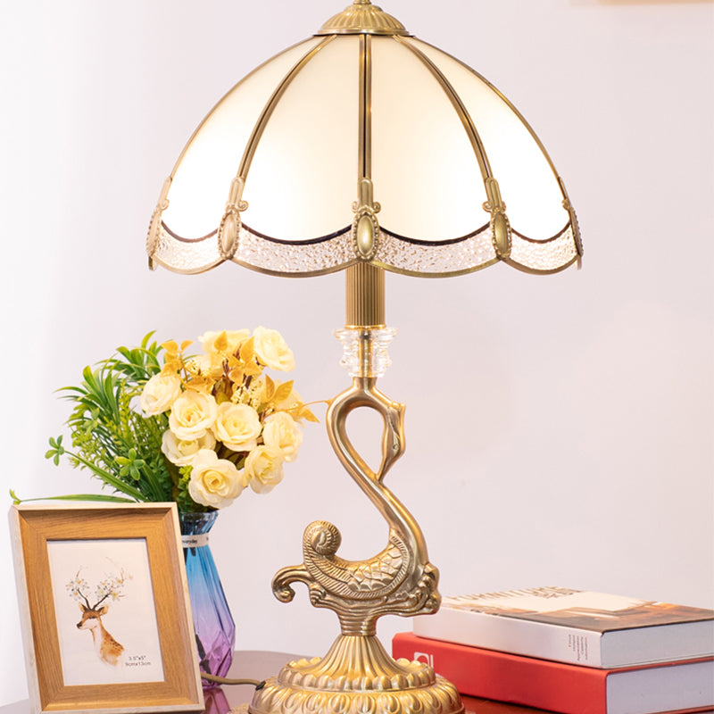 Classic Dome Table Light 1 Head White Glass Night Stand Lamp with Bird Decoration in Brass Clearhalo 'Lamps' 'Table Lamps' Lighting' 2415837