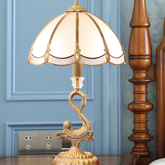 Classic Dome Table Light 1 Head White Glass Night Stand Lamp with Bird Decoration in Brass Clearhalo 'Lamps' 'Table Lamps' Lighting' 2415838