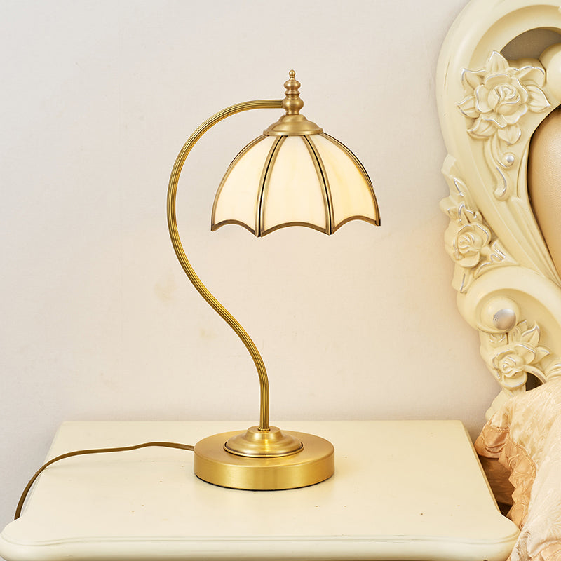 Brass Gooseneck Table Light Vintage Metal 1 Bulb Bedroom Night Light with Scalloped White Glass Shade Clearhalo 'Lamps' 'Table Lamps' Lighting' 2415851