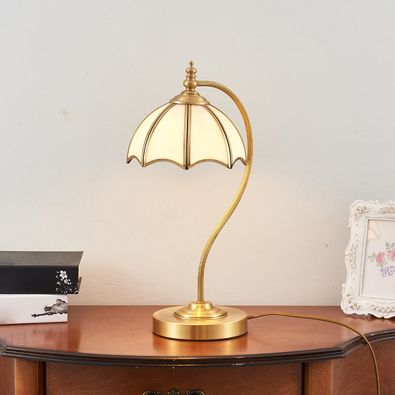 Brass Gooseneck Table Light Vintage Metal 1 Bulb Bedroom Night Light with Scalloped White Glass Shade Clearhalo 'Lamps' 'Table Lamps' Lighting' 2415853