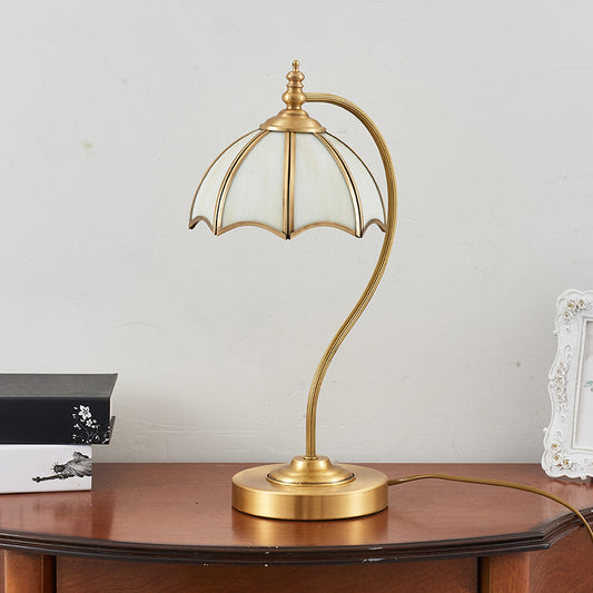 Brass Gooseneck Table Light Vintage Metal 1 Bulb Bedroom Night Light with Scalloped White Glass Shade Clearhalo 'Lamps' 'Table Lamps' Lighting' 2415855