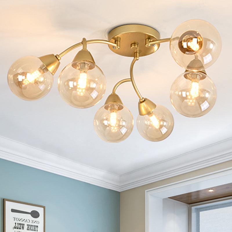 Grape Shape Semi Flush Lamp Modernist Amber/Smoky/Cream Glass 6/12 Lights Gold Led Semi Flush Mount Light Fixture 6 Amber Clearhalo 'Ceiling Lights' 'Chandeliers' 'Close To Ceiling Lights' 'Close to ceiling' 'Glass shade' 'Glass' 'Semi-flushmount' Lighting' 241586