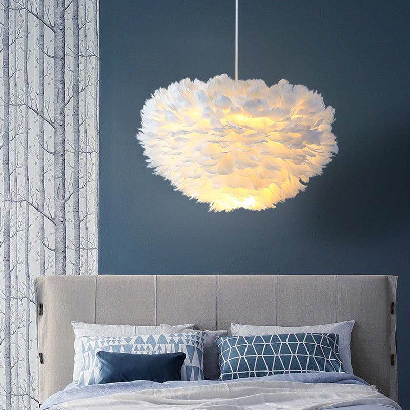 Bedroom Suspension Light Fixture Nordic Style Drop Pendant with Dome Feather Shade Clearhalo 'Ceiling Lights' 'Modern Pendants' 'Modern' 'Pendant Lights' 'Pendants' Lighting' 2415872