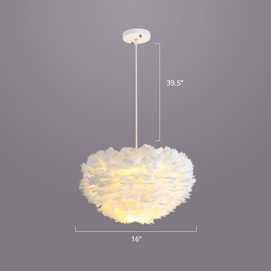 Bedroom Suspension Light Fixture Nordic Style Drop Pendant with Dome Feather Shade White 16" Clearhalo 'Ceiling Lights' 'Modern Pendants' 'Modern' 'Pendant Lights' 'Pendants' Lighting' 2415876
