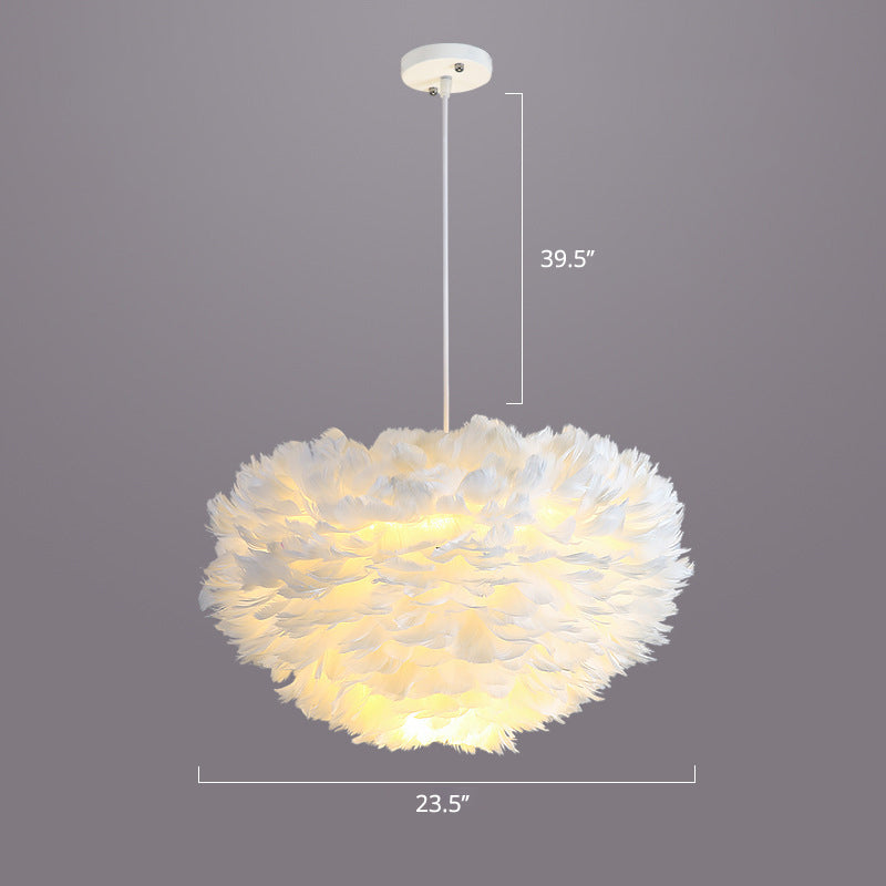 Bedroom Suspension Light Fixture Nordic Style Drop Pendant with Dome Feather Shade White 23.5" Clearhalo 'Ceiling Lights' 'Modern Pendants' 'Modern' 'Pendant Lights' 'Pendants' Lighting' 2415878