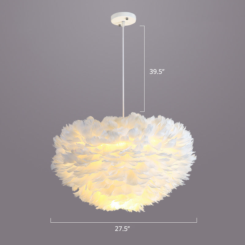 Bedroom Suspension Light Fixture Nordic Style Drop Pendant with Dome Feather Shade White 27.5" Clearhalo 'Ceiling Lights' 'Modern Pendants' 'Modern' 'Pendant Lights' 'Pendants' Lighting' 2415879