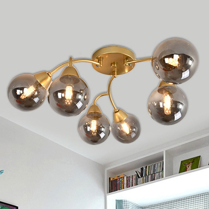 Grape Shape Semi Flush Lamp Modernist Amber/Smoky/Cream Glass 6/12 Lights Gold Led Semi Flush Mount Light Fixture Clearhalo 'Ceiling Lights' 'Chandeliers' 'Close To Ceiling Lights' 'Close to ceiling' 'Glass shade' 'Glass' 'Semi-flushmount' Lighting' 241588