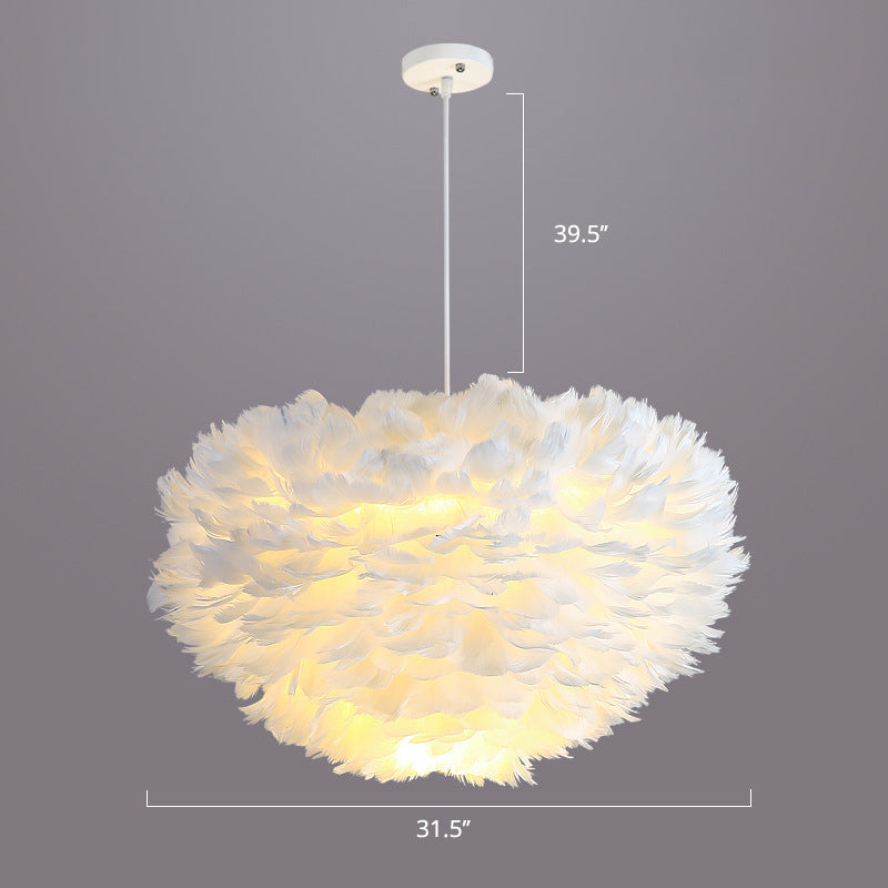 Bedroom Suspension Light Fixture Nordic Style Drop Pendant with Dome Feather Shade White 31.5" Clearhalo 'Ceiling Lights' 'Modern Pendants' 'Modern' 'Pendant Lights' 'Pendants' Lighting' 2415880