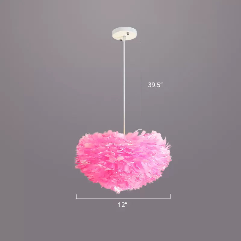 Bedroom Suspension Light Fixture Nordic Style Drop Pendant with Dome Feather Shade Pink 12" Clearhalo 'Ceiling Lights' 'Modern Pendants' 'Modern' 'Pendant Lights' 'Pendants' Lighting' 2415881