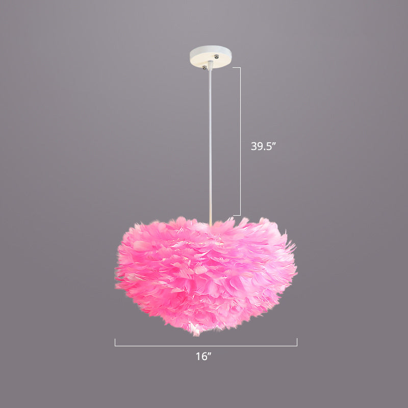 Bedroom Suspension Light Fixture Nordic Style Drop Pendant with Dome Feather Shade Pink 16" Clearhalo 'Ceiling Lights' 'Modern Pendants' 'Modern' 'Pendant Lights' 'Pendants' Lighting' 2415882