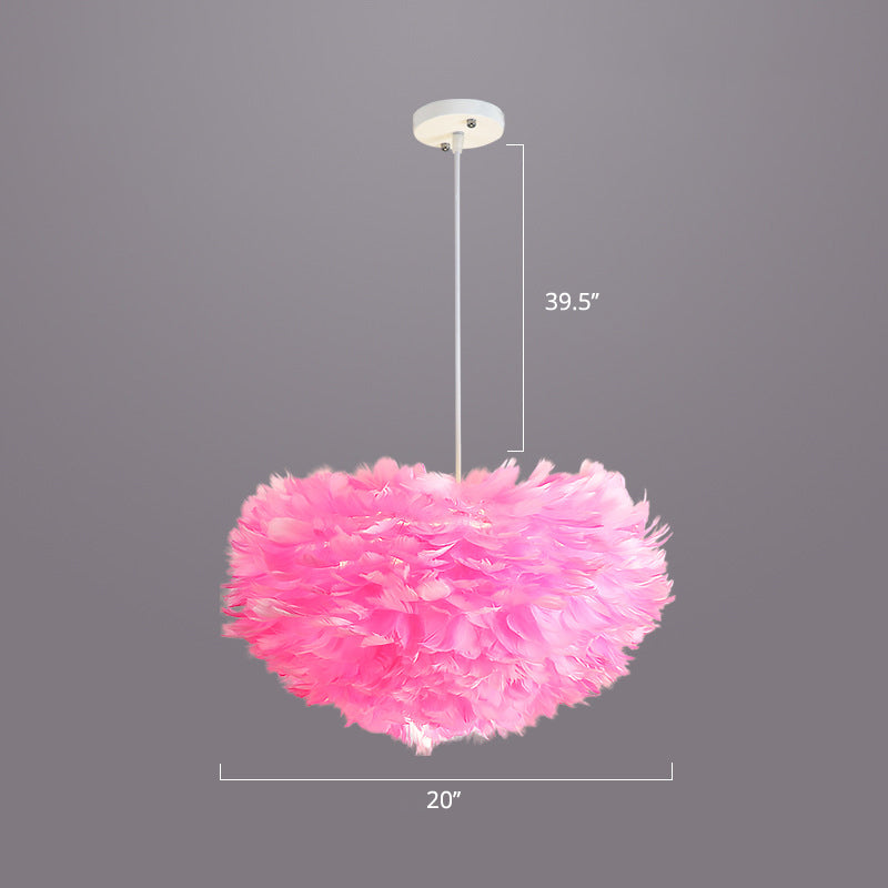 Bedroom Suspension Light Fixture Nordic Style Drop Pendant with Dome Feather Shade Pink 20" Clearhalo 'Ceiling Lights' 'Modern Pendants' 'Modern' 'Pendant Lights' 'Pendants' Lighting' 2415883