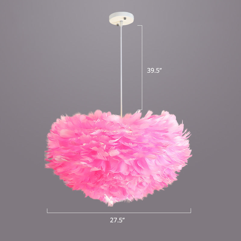 Bedroom Suspension Light Fixture Nordic Style Drop Pendant with Dome Feather Shade Pink 27.5" Clearhalo 'Ceiling Lights' 'Modern Pendants' 'Modern' 'Pendant Lights' 'Pendants' Lighting' 2415885