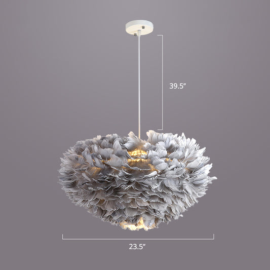 Bedroom Suspension Light Fixture Nordic Style Drop Pendant with Dome Feather Shade Grey 23.5" Clearhalo 'Ceiling Lights' 'Modern Pendants' 'Modern' 'Pendant Lights' 'Pendants' Lighting' 2415890