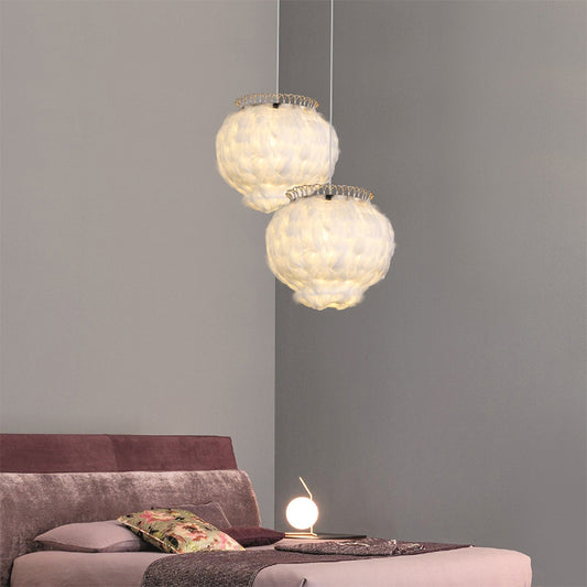 Globe Hanging Ceiling Lantern Minimalist Feather 3-Bulb White Pendant Light for Bedroom Clearhalo 'Ceiling Lights' 'Modern Pendants' 'Modern' 'Pendant Lights' 'Pendants' Lighting' 2415894