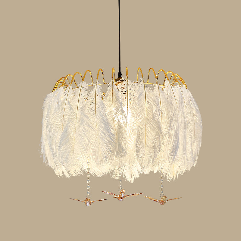 Round Feather Hanging Lamp Postmodern White Chandelier Light Fixture for Living Room White 27.5" with Crystal Clearhalo 'Ceiling Lights' 'Chandeliers' 'Modern Chandeliers' 'Modern' Lighting' 2415912