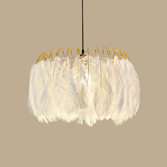 Round Feather Hanging Lamp Postmodern White Chandelier Light Fixture for Living Room White 27.5" without Crystal Clearhalo 'Ceiling Lights' 'Chandeliers' 'Modern Chandeliers' 'Modern' Lighting' 2415913