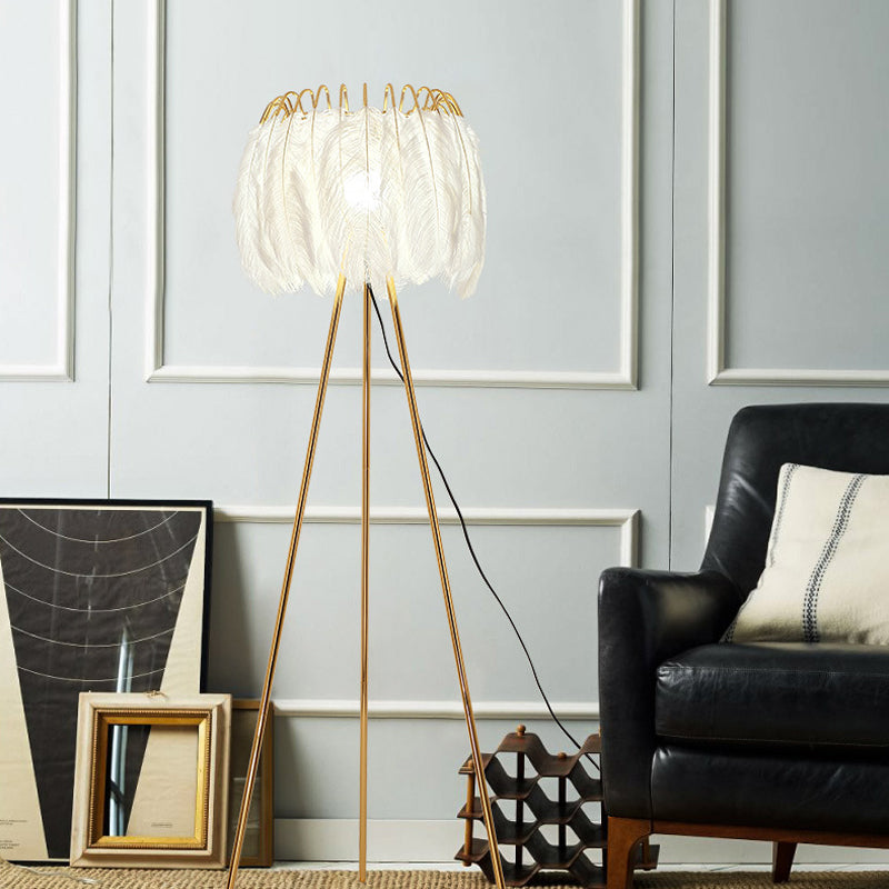 Tripod Feather Floor Light Post-Modern 1 Bulb Gold Finish Stand Up Lamp for Living Room Gold Clearhalo 'Floor Lamps' 'Lamps' Lighting' 2415916