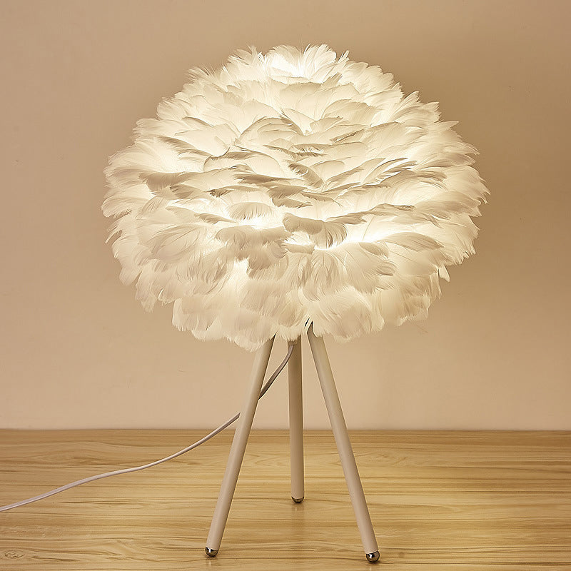 Minimalistic Spherical Night Lamp Feather 1-Head Bedside Table Light with Tripod Clearhalo 'Lamps' 'Table Lamps' Lighting' 2415922
