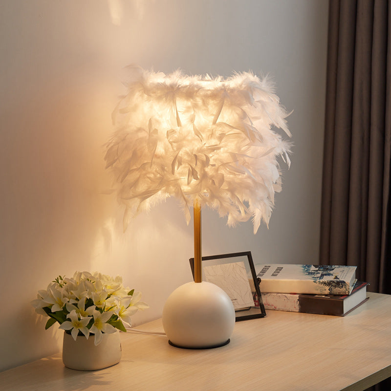 Cylinder Nightstand Light Nordic Feather 1-Light Bedroom Table Lamp with Dome Pedestal Clearhalo 'Lamps' 'Table Lamps' Lighting' 2415929