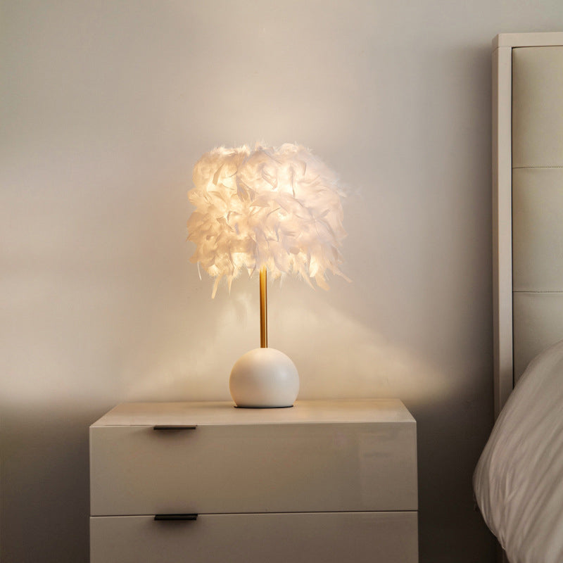Cylinder Nightstand Light Nordic Feather 1-Light Bedroom Table Lamp with Dome Pedestal Clearhalo 'Lamps' 'Table Lamps' Lighting' 2415930