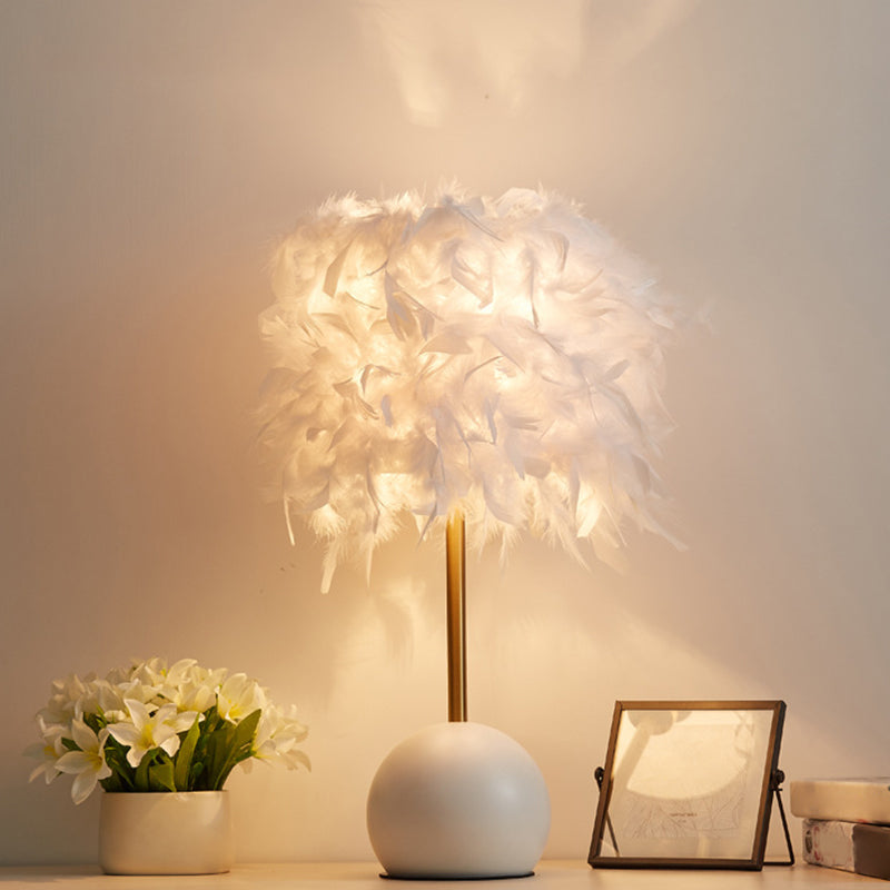 Cylinder Nightstand Light Nordic Feather 1-Light Bedroom Table Lamp with Dome Pedestal White Clearhalo 'Lamps' 'Table Lamps' Lighting' 2415933