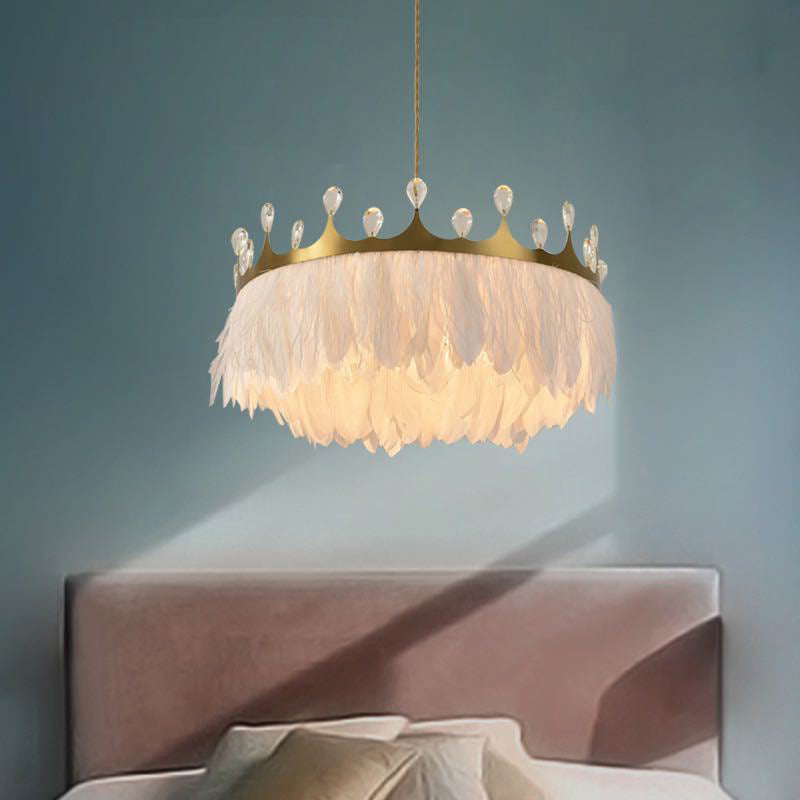 Feather Crown Pendant Lighting Minimalist 1 Head White Suspension Light with Crystal Deco Clearhalo 'Ceiling Lights' 'Modern Pendants' 'Modern' 'Pendant Lights' 'Pendants' Lighting' 2415935