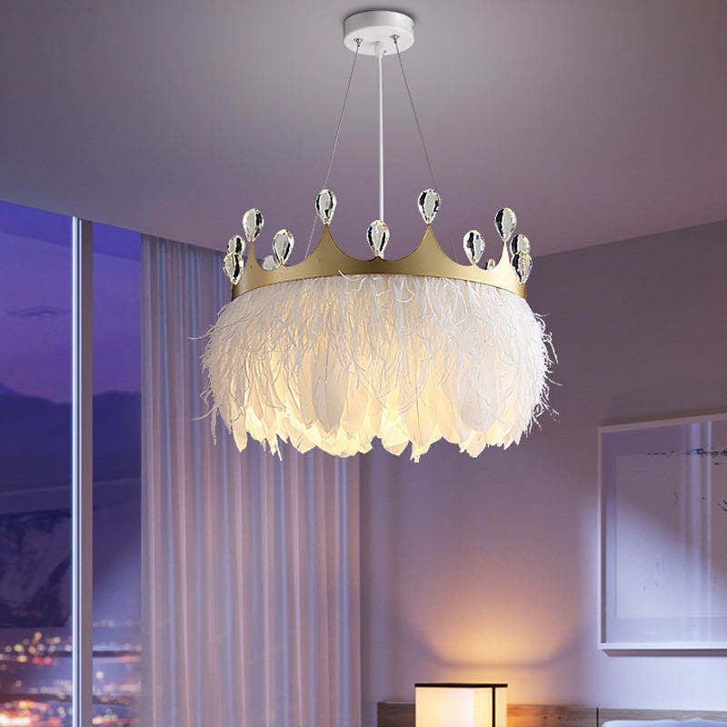 Feather Crown Pendant Lighting Minimalist 1 Head White Suspension Light with Crystal Deco Clearhalo 'Ceiling Lights' 'Modern Pendants' 'Modern' 'Pendant Lights' 'Pendants' Lighting' 2415936
