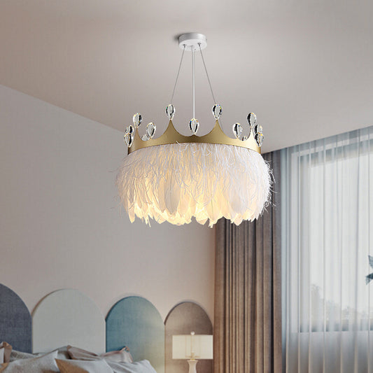 Feather Crown Pendant Lighting Minimalist 1 Head White Suspension Light with Crystal Deco Clearhalo 'Ceiling Lights' 'Modern Pendants' 'Modern' 'Pendant Lights' 'Pendants' Lighting' 2415937