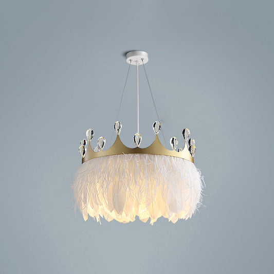 Feather Crown Pendant Lighting Minimalist 1 Head White Suspension Light with Crystal Deco White 14" Clearhalo 'Ceiling Lights' 'Modern Pendants' 'Modern' 'Pendant Lights' 'Pendants' Lighting' 2415940