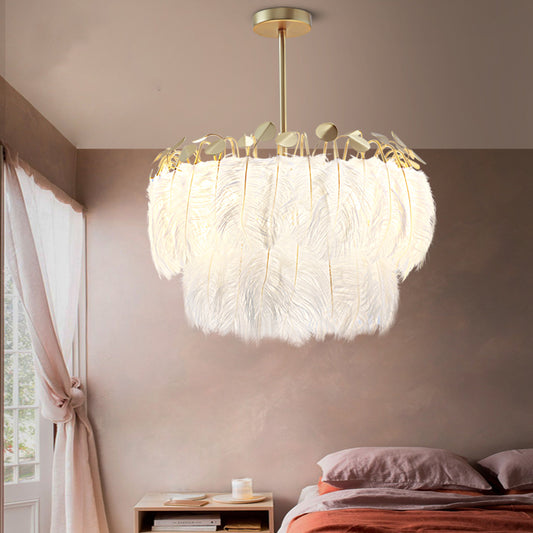 Round Chandelier Light Fixture Postmodern Feather White Hanging Lamp for Bedroom Clearhalo 'Ceiling Lights' 'Chandeliers' 'Modern Chandeliers' 'Modern' Lighting' 2415956