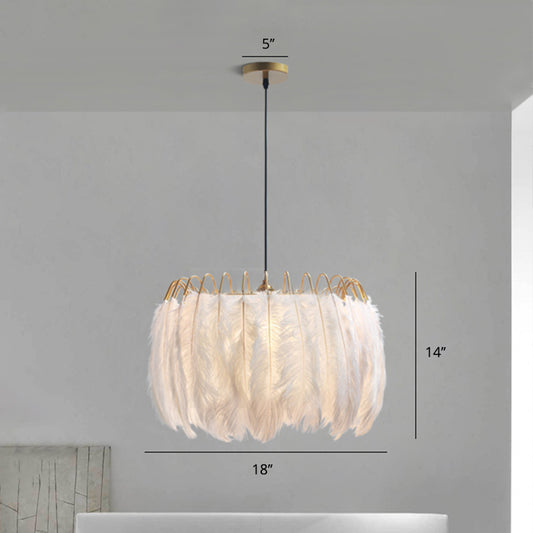 Round Chandelier Light Fixture Postmodern Feather White Hanging Lamp for Bedroom White 18" Clearhalo 'Ceiling Lights' 'Chandeliers' 'Modern Chandeliers' 'Modern' Lighting' 2415958