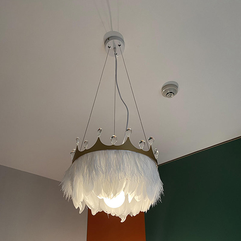 Crown Child Room Chandelier Lamp Feather 1 Bulb Minimalist Pendant Lighting in White with Crystal Accents Clearhalo 'Ceiling Lights' 'Chandeliers' 'Modern Chandeliers' 'Modern' Lighting' 2415965