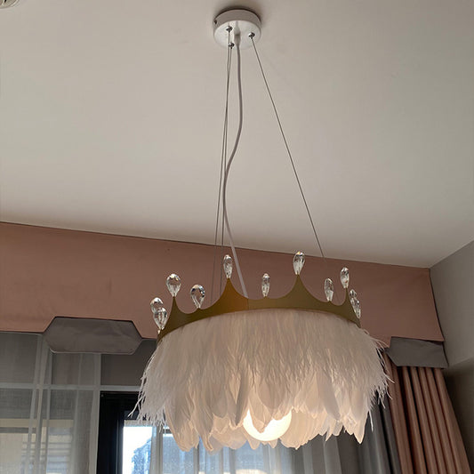 Crown Child Room Chandelier Lamp Feather 1 Bulb Minimalist Pendant Lighting in White with Crystal Accents Clearhalo 'Ceiling Lights' 'Chandeliers' 'Modern Chandeliers' 'Modern' Lighting' 2415966