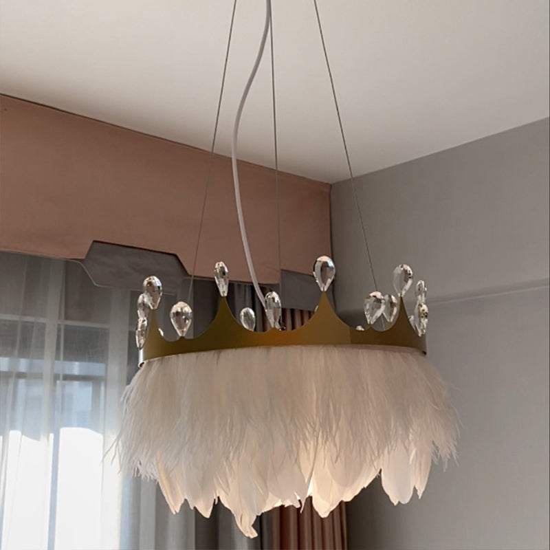 Crown Child Room Chandelier Lamp Feather 1 Bulb Minimalist Pendant Lighting in White with Crystal Accents Clearhalo 'Ceiling Lights' 'Chandeliers' 'Modern Chandeliers' 'Modern' Lighting' 2415967