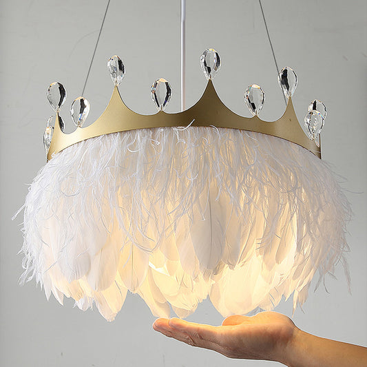 Crown Child Room Chandelier Lamp Feather 1 Bulb Minimalist Pendant Lighting in White with Crystal Accents Clearhalo 'Ceiling Lights' 'Chandeliers' 'Modern Chandeliers' 'Modern' Lighting' 2415968