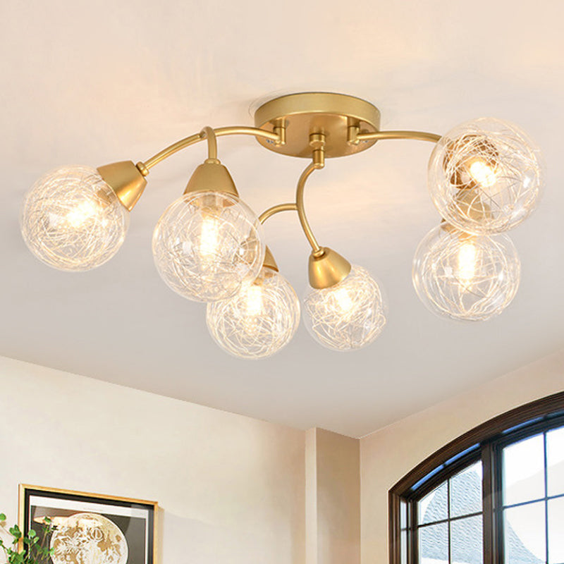 6/12 Lights Bedroom Semi Flush with Sphere Clear Glass Shade Modern Gold Led Semi Flush Ceiling Light 6 Gold A Clearhalo 'Ceiling Lights' 'Close To Ceiling Lights' 'Close to ceiling' 'Glass shade' 'Glass' 'Semi-flushmount' Lighting' 241605