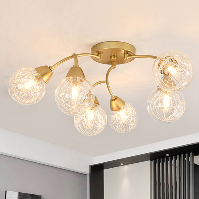 6/12 Lights Bedroom Semi Flush with Sphere Clear Glass Shade Modern Gold Led Semi Flush Ceiling Light Clearhalo 'Ceiling Lights' 'Close To Ceiling Lights' 'Close to ceiling' 'Glass shade' 'Glass' 'Semi-flushmount' Lighting' 241606