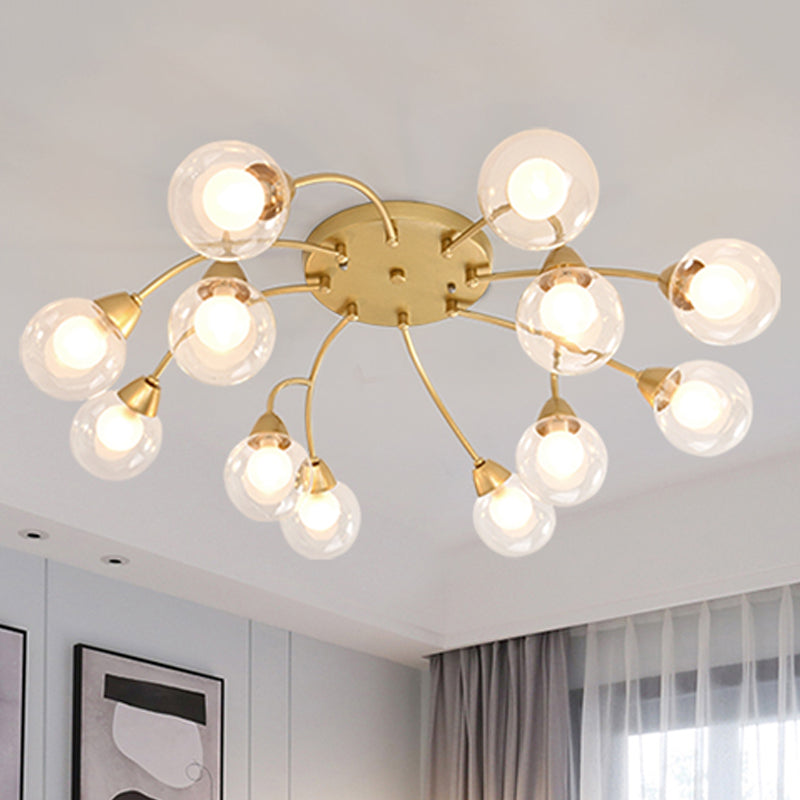 6/12 Lights Bedroom Semi Flush with Sphere Clear Glass Shade Modern Gold Led Semi Flush Ceiling Light 12 Gold B Clearhalo 'Ceiling Lights' 'Close To Ceiling Lights' 'Close to ceiling' 'Glass shade' 'Glass' 'Semi-flushmount' Lighting' 241611