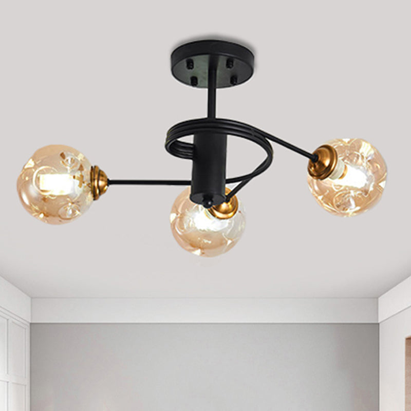 3/5 Lights Living Room Semi Flush with Ball Amber/Smoke Dimpled Blown Glass Shade Modernist Black Semi Flush Ceiling Light 3 Amber Clearhalo 'Ceiling Lights' 'Close To Ceiling Lights' 'Close to ceiling' 'Glass shade' 'Glass' 'Pendant Lights' 'Semi-flushmount' Lighting' 241677