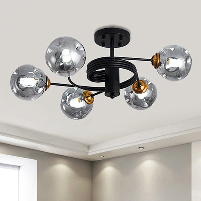 3/5 Lights Living Room Semi Flush with Ball Amber/Smoke Dimpled Blown Glass Shade Modernist Black Semi Flush Ceiling Light 5 Smoke Gray Clearhalo 'Ceiling Lights' 'Close To Ceiling Lights' 'Close to ceiling' 'Glass shade' 'Glass' 'Pendant Lights' 'Semi-flushmount' Lighting' 241679