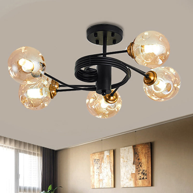 3/5 Lights Living Room Semi Flush with Ball Amber/Smoke Dimpled Blown Glass Shade Modernist Black Semi Flush Ceiling Light 5 Amber Clearhalo 'Ceiling Lights' 'Close To Ceiling Lights' 'Close to ceiling' 'Glass shade' 'Glass' 'Pendant Lights' 'Semi-flushmount' Lighting' 241681