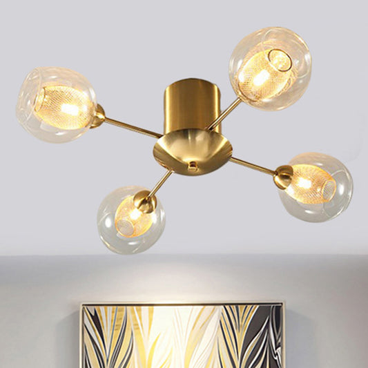 Round Semi Flush Mount Modernist Clear Glass 4/6 Lights Gold Led Semi Flush Ceiling Lamp with Inner Ribbed Glass Oval Shade 4 Gold Clearhalo 'Ceiling Lights' 'Close To Ceiling Lights' 'Close to ceiling' 'Glass shade' 'Glass' 'Semi-flushmount' Lighting' 241700